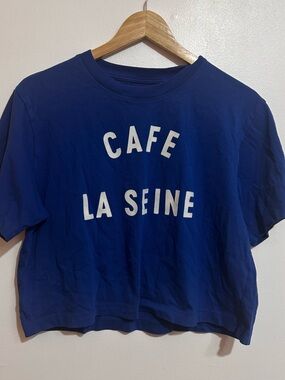 American Eagle Outfitters Blue Cropped Tee with White 'Cafe La Seine' Print